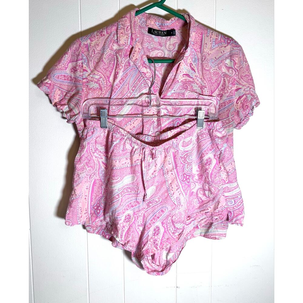 Lauren Ralph Lauren Pink Paisley 2 Piece Pajama Set M Short Sleeve Button Down - Picture 3 of 14